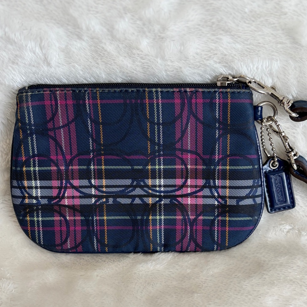 Coach Plaid Signature Wristlet Navy Pink Zip Pouch - Picture 2 of 6